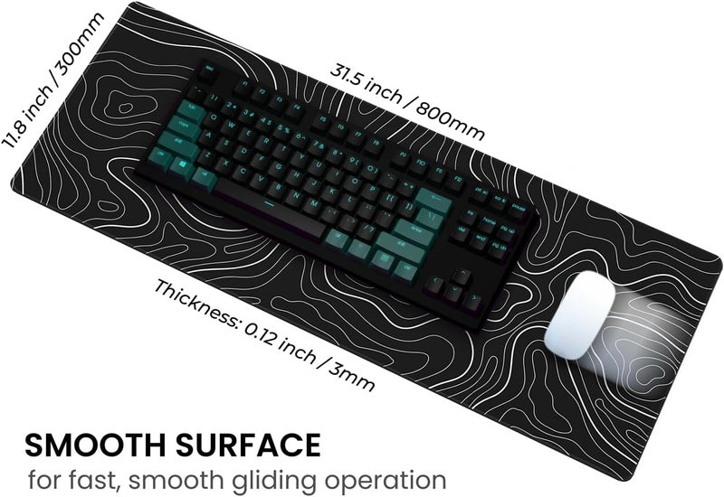 Mayflower Large Gaming Mouse Pad, Full Keyboard Mat, Long Laptop Mousepad, Computer Mouse Mat for Home and Office, Anti-Slip Rubber Base, 31.5 x 11.8 Inches (Black Topographic Map) - Image 4